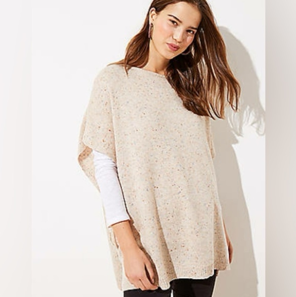 LOFT Women's Oversized Speckled Cream Poncho With Ties On The Sides Size M/L